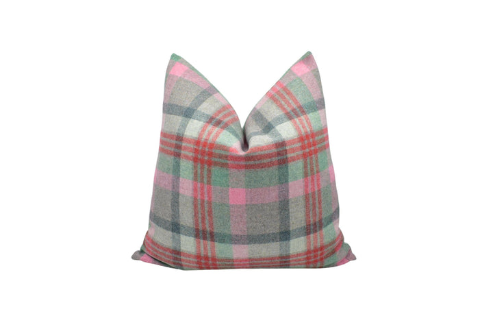 Abraham Moon - Melbourne - Aqua / Flamingo -  100% Wool Cushion Cover - Designer Plaid Pillow Cover - Handmade Custom Abraham Moon Pillow.