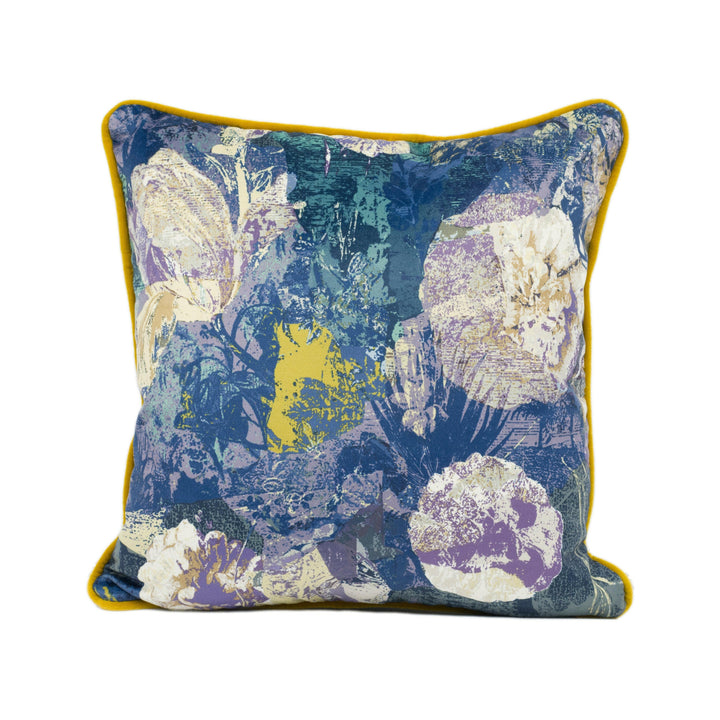Panaz - Mustique - Peacock / Gold - Abstract Floral Velvet Contrast Piped Cushion Cover - Handmade Throw Pillow - Designer Home Décor.