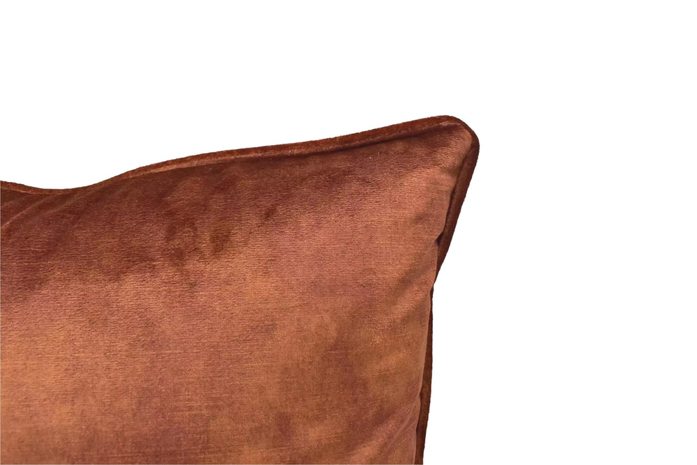 A close-up view of a brown velvet pillow against a white background.