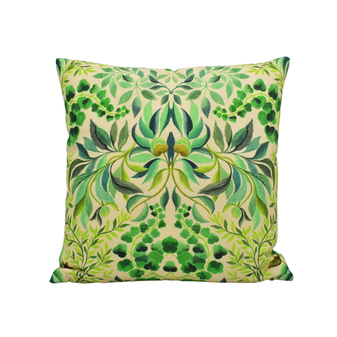 A square throw pillow with a vibrant, leafy pattern in shades of green and yellow.