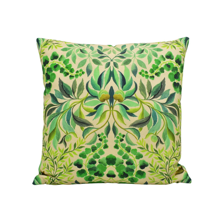A square throw pillow with a vibrant, leafy pattern in shades of green and yellow.