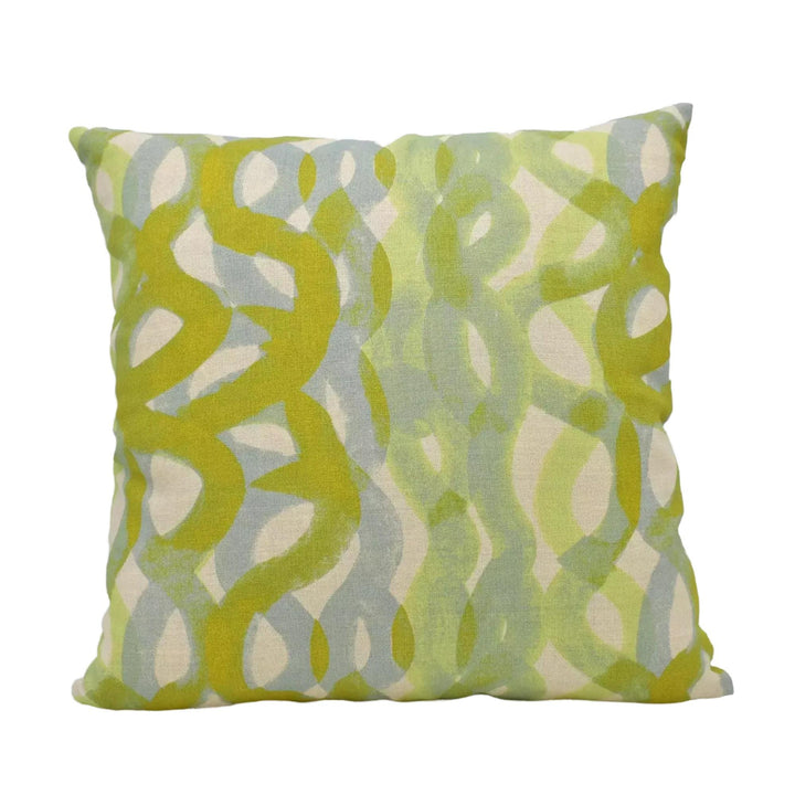 A square throw pillow with a vibrant abstract pattern in shades of green and yellow.