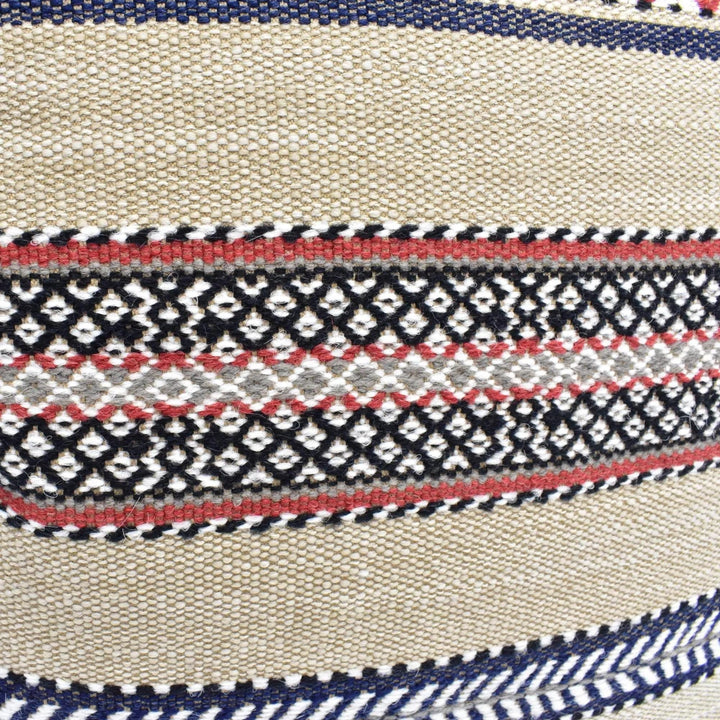 a close-up view of a woven fabric with a striped pattern in shades of beige, black, and red. The fabric appears to be made of a natural, textured material, possibly wool or cotton. The image does not contain any text or other discernible objects or actions.