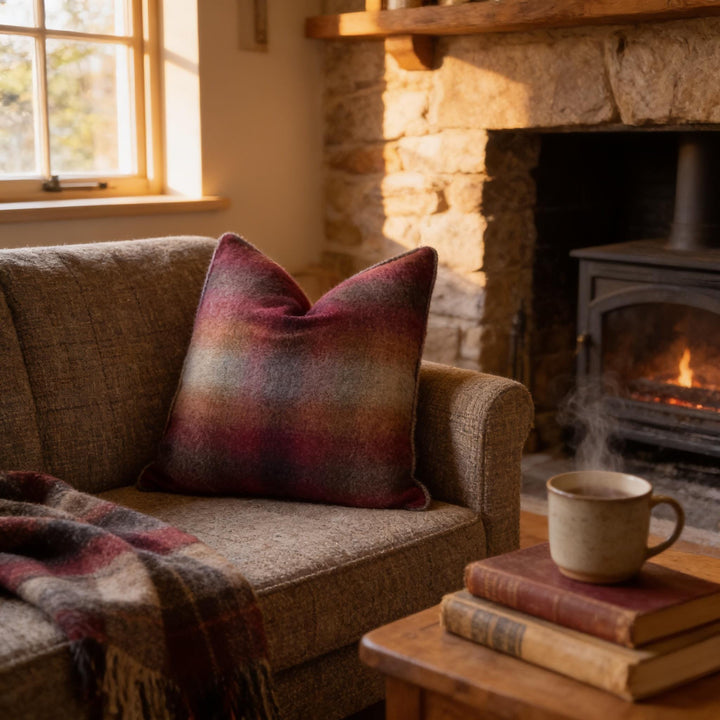 A cozy living room with a plush couch, a warm fireplace, and a stack of books on a coffee table.