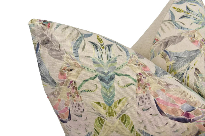 a close-up view of a decorative pillow with a vibrant, colorful floral pattern.