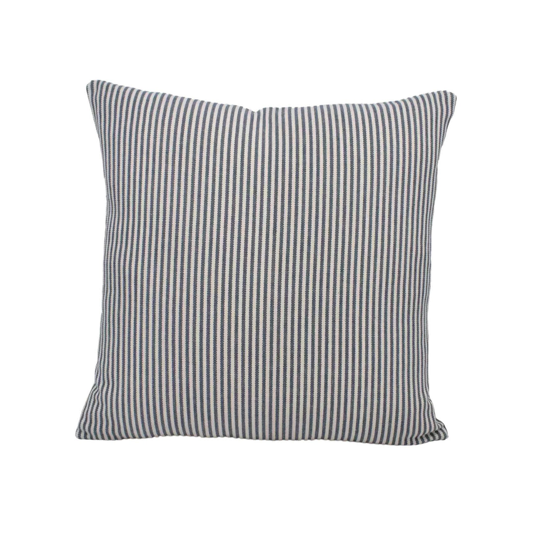 A square throw pillow with a striped pattern in shades of blue and white.