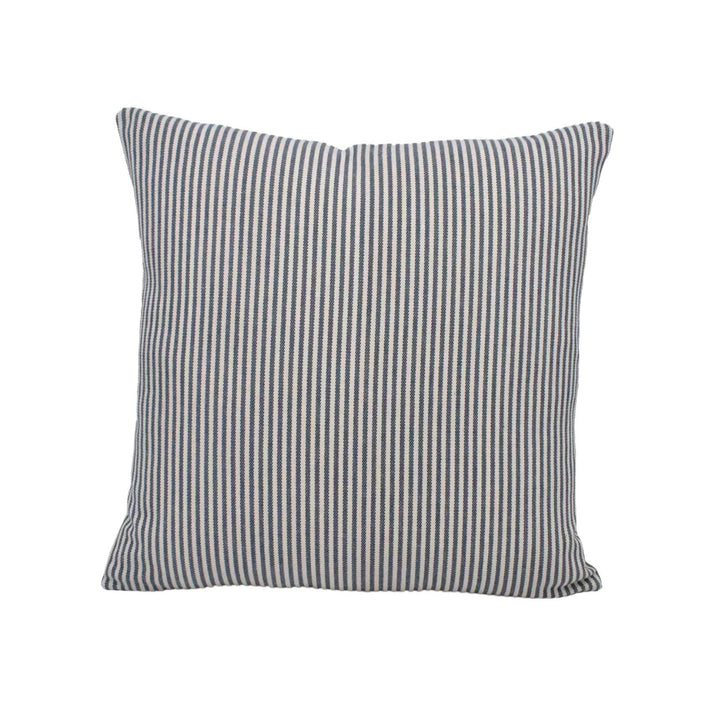 A square throw pillow with a striped pattern in shades of blue and white.