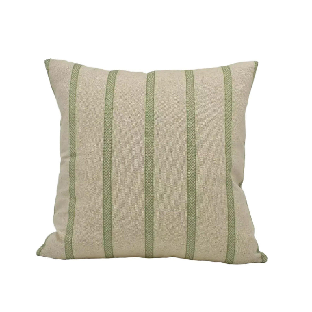 A beige throw pillow with green vertical stripes.
