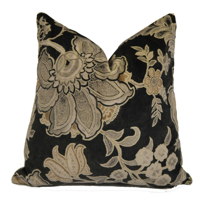 Sandersons - Shalimar - Graphite / Mole - Designer Velvet Cushion Cover  Throw Pillow - Batik Vintage Floral Print.