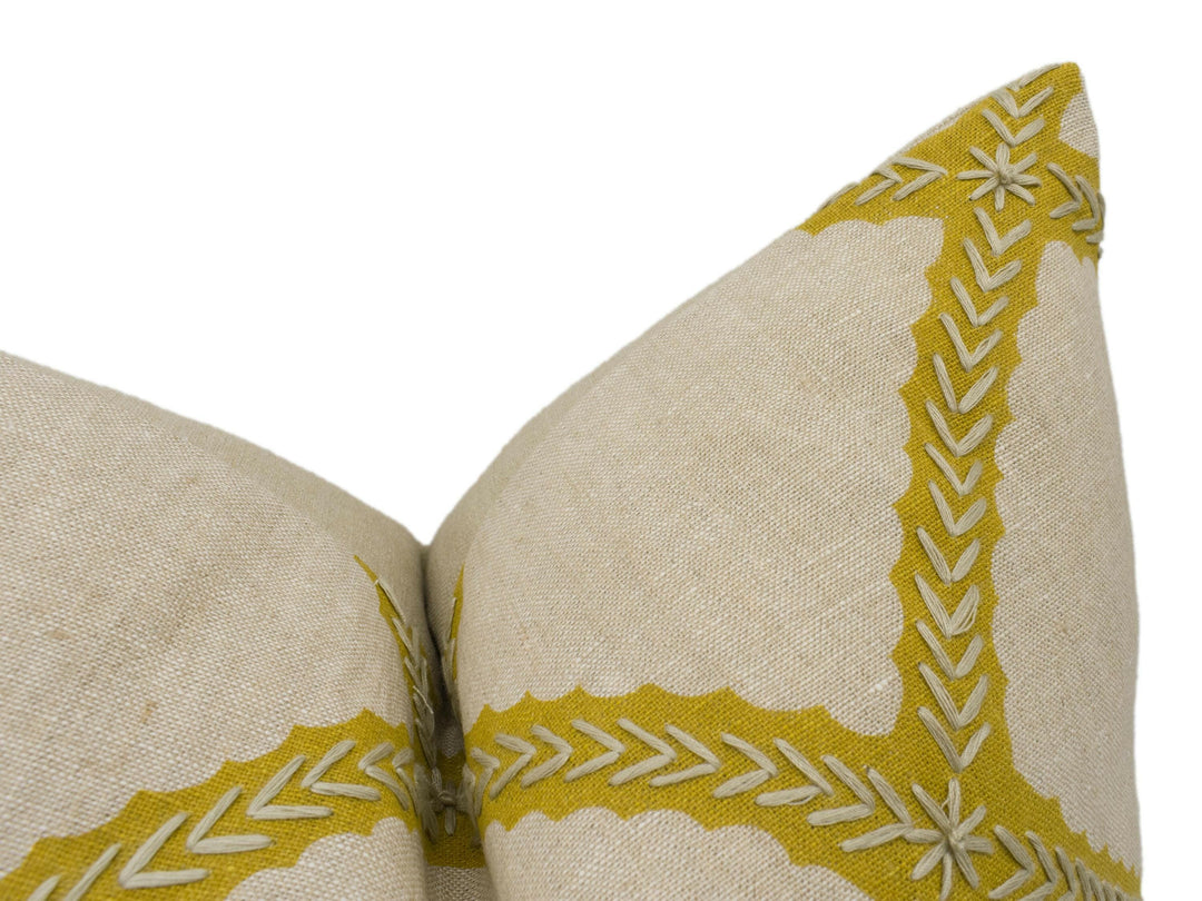 Thibaut - Majuli Embroidery - Gold on Flax - Luxurious Embroidered Nautical Designer Cushion Cover - Luxury Throw Pillow Handmade Home Décor.