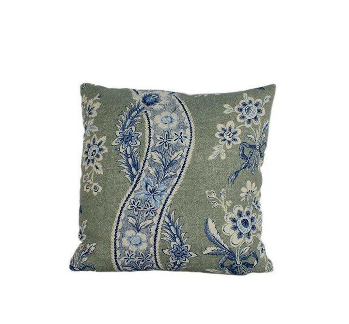Schumacher - Le Castellet - Gris & Bleu - Provençal Motif Floral Ribbon - Designer Cushion Cover Handmade Throw Pillow - Luxury Home Decor.