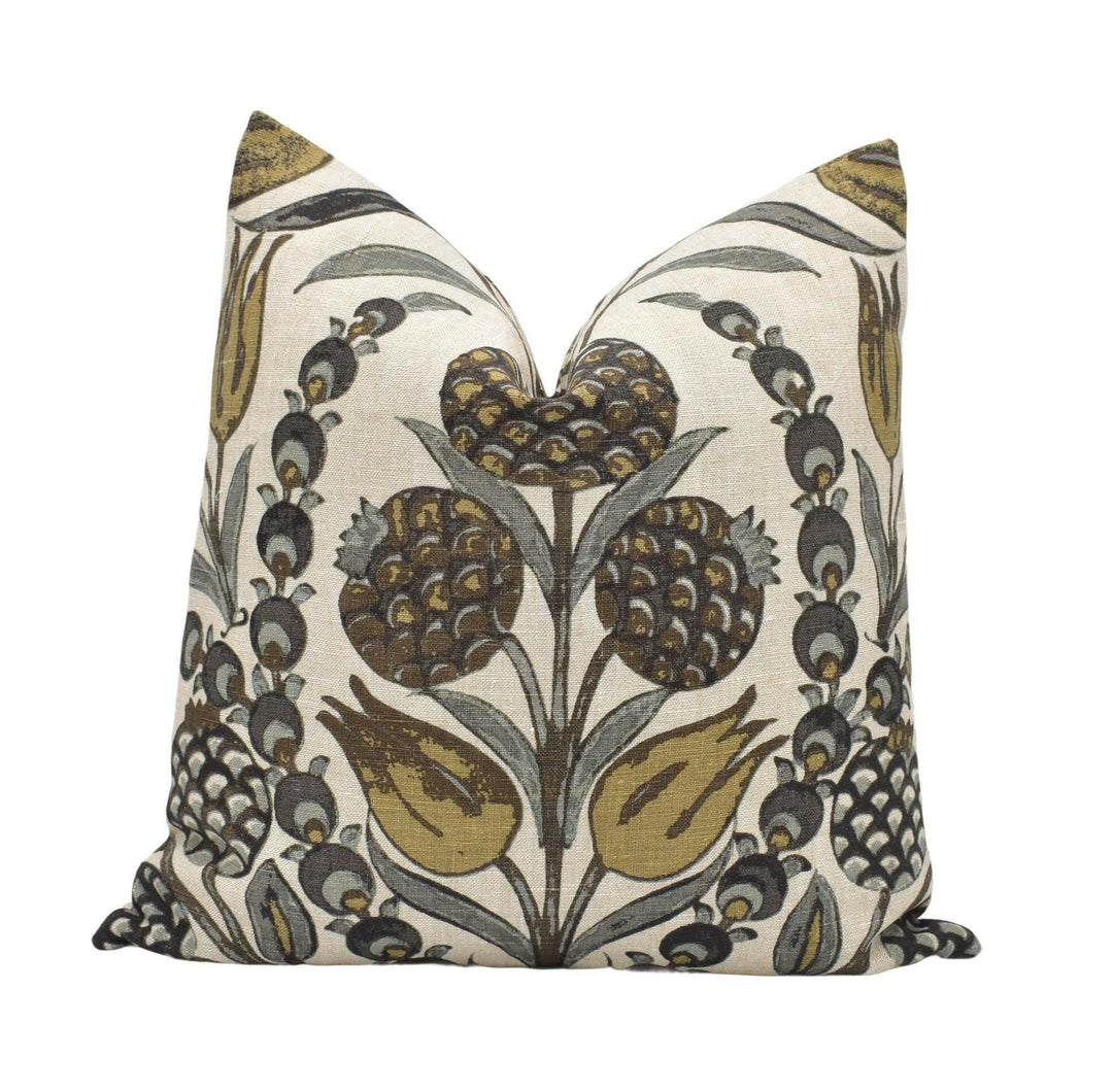 Thibaut - Corneila - Grey and Gold - Indian Handprinted Designer Cushion Cover - Primitive Pomegranate Moroccan Pillow - Black Gold Floral.