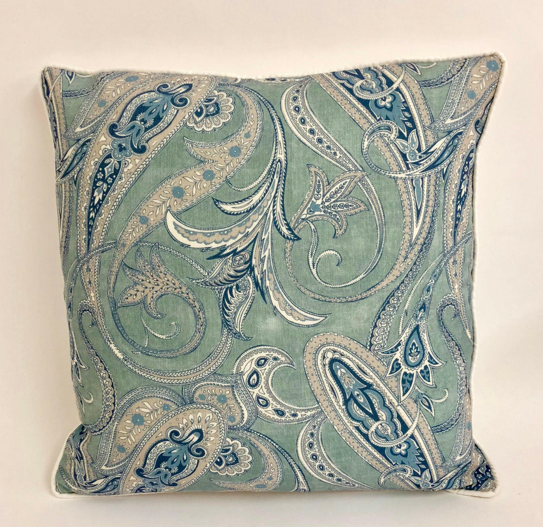 Edinburgh Weavers - Persia - Blue - Gorgeous Contrast Piped Paisley Cushion - Handmade Throw Pillow - Designer Home Décor.