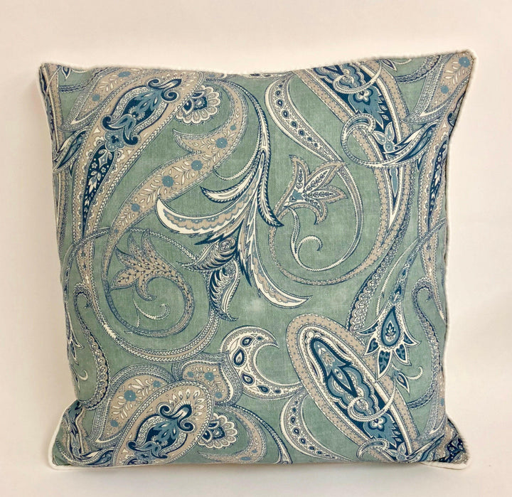 Edinburgh Weavers - Persia - Blue - Gorgeous Contrast Piped Paisley Cushion - Handmade Throw Pillow - Designer Home Décor.