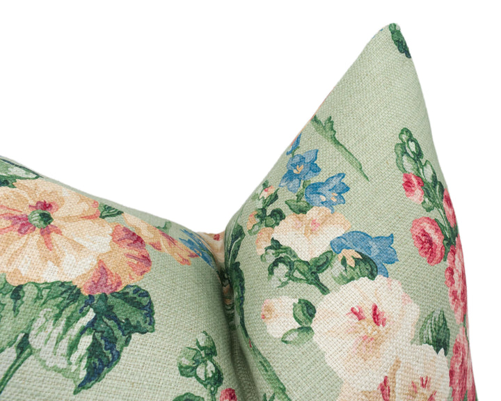 Sanderson - Hollyhocks - Sage / Rose - Vintage Floral Linen