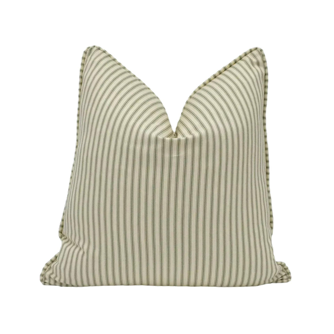 A beige and green striped pillow with a pointed top and a flat bottom.