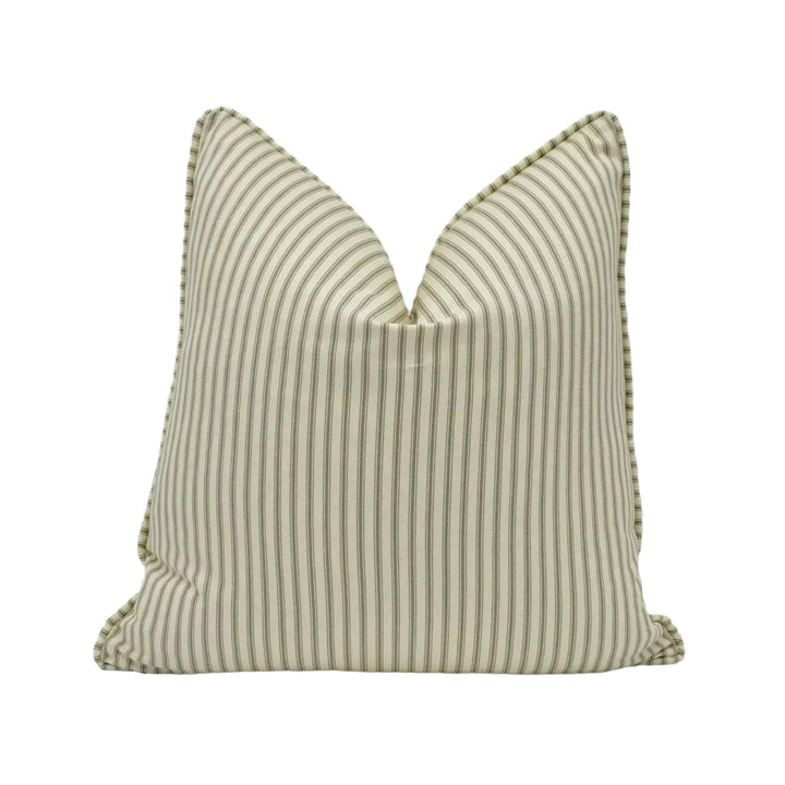 A beige and green striped pillow with a pointed top and a flat bottom.