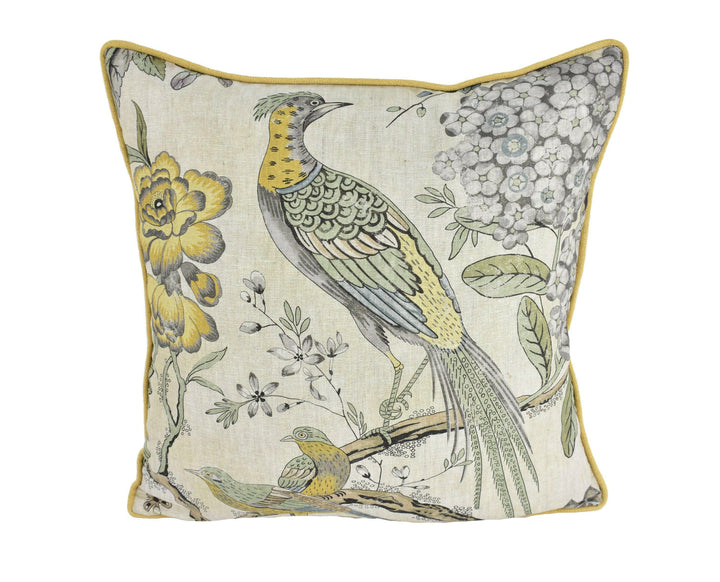 Anna French x Thibaut - Villeneuve - Yellow and Grey - Antique Avant Garde Bird Designer Cushion Cover - Luxury Throw Pillow - Handmade.