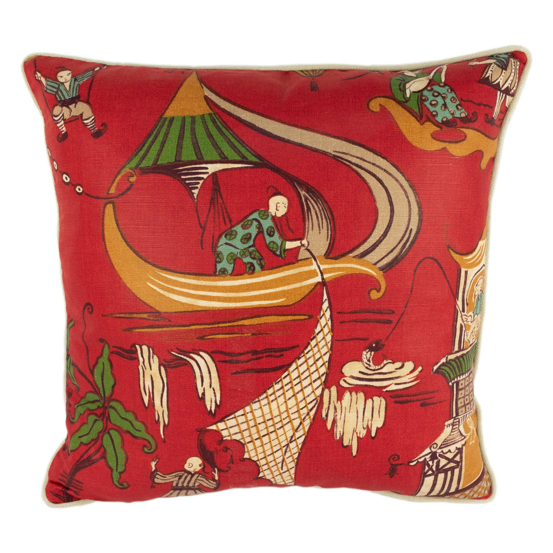 Sanderson - Pagoda River - Red / Gold -  Vintage Asian Chinoiserie Inspired Designer Cushion Cover - Luxury Throw Pillow - Home Décor.