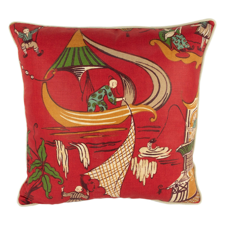 Sanderson - Pagoda River - Red / Gold -  Vintage Asian Chinoiserie Inspired Designer Cushion Cover - Luxury Throw Pillow - Home Décor.