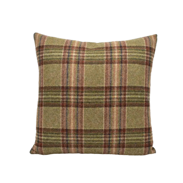 A square throw pillow with a plaid pattern in shades of brown and green.