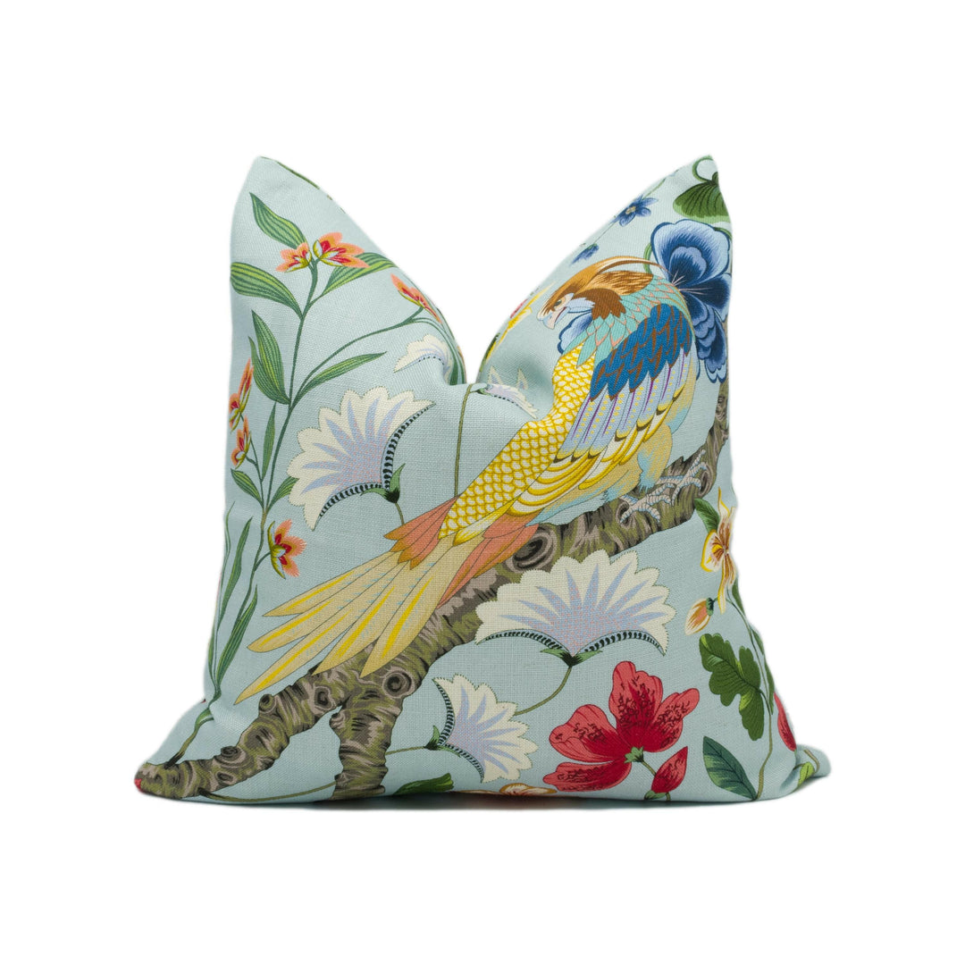 Scalamandre - Botany Bay - Sky / Multi - Majestic Floral Pheasant Cushion Cover - Handmade Throw Pillow - Designer Home Décor.