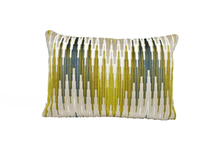 A square throw pillow with a striped pattern in shades of green, yellow, and white.