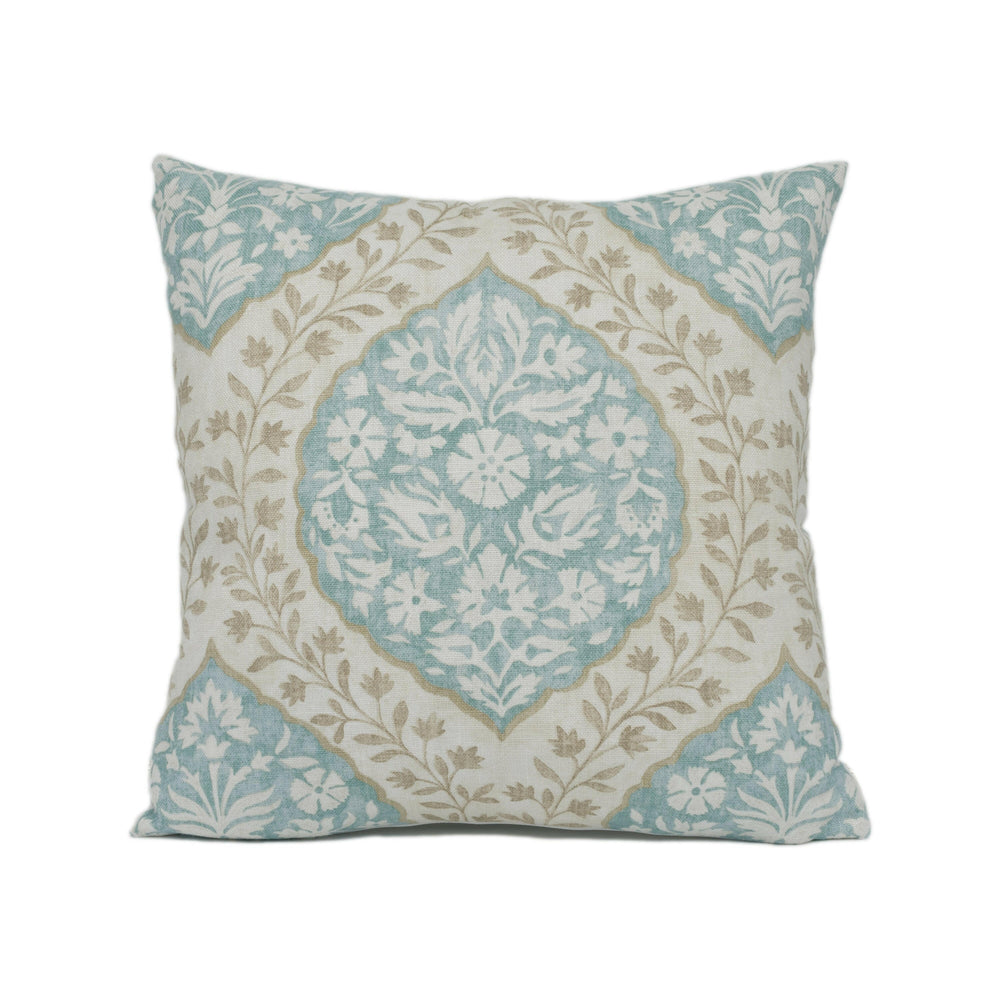 Nina Campbell - Marguerite - Aqua / Taupe -  Floral Cartouche Trellis Cushion Cover - Handmade Throw Pillow - Designer Home Décor.