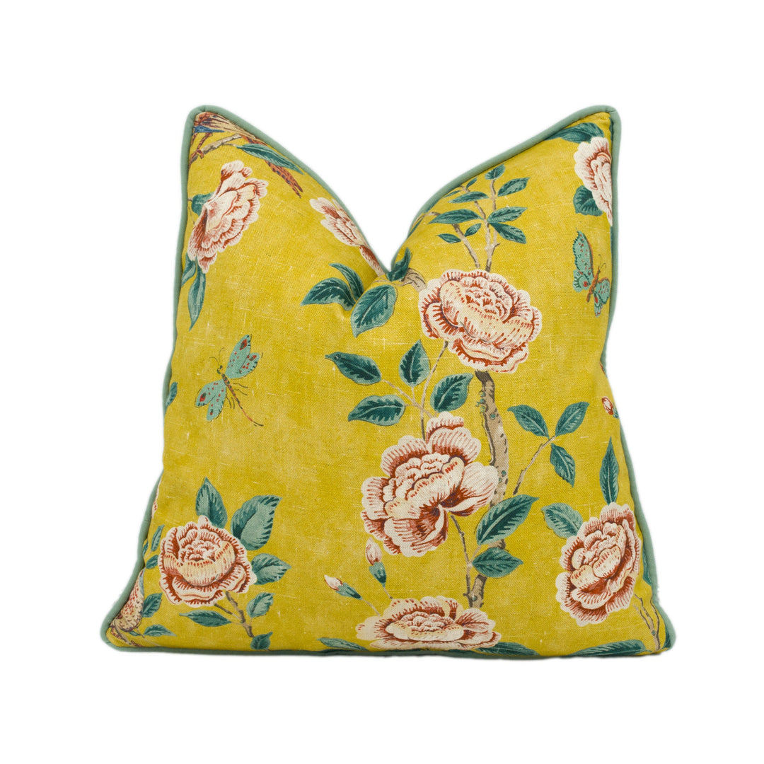 Sanderson - Andhara - Saffron / Teal - Classic Flora and Fauna Chinoiserie Designer Cushion Cover - Luxury Throw Pillow - Handmade Home Déco.