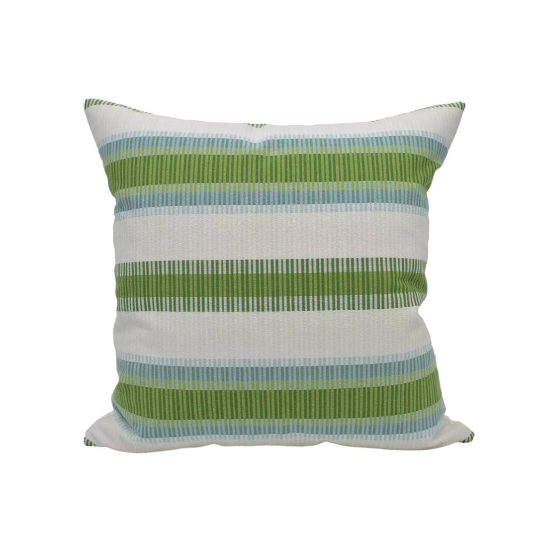 A square throw pillow with a striped pattern in shades of green and white.
