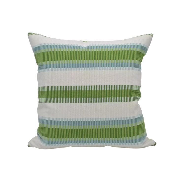 A square throw pillow with a striped pattern in shades of green and white.