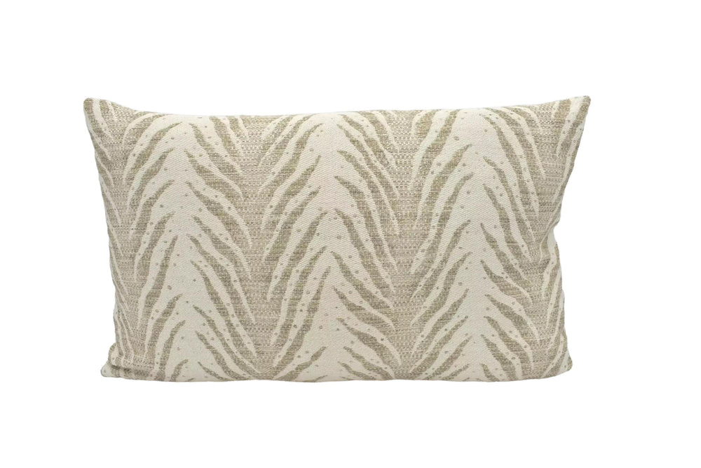 A beige and gold zebra print pillow is displayed against a white background.