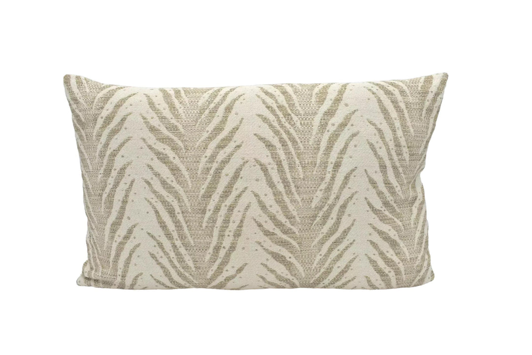 A beige and gold zebra print pillow is displayed against a white background.