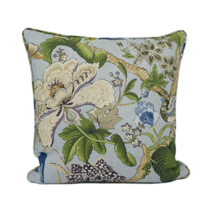 Thibaut - Hill Garden - Spa Blue - Traditional Self Piped Floral Cushion Cover - Handmade Throw Pillow - Designer Home Décor.