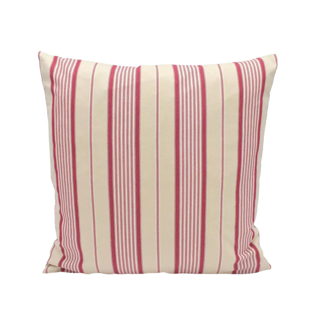 A square throw pillow with a striped pattern in red and cream colors, placed against a white background.