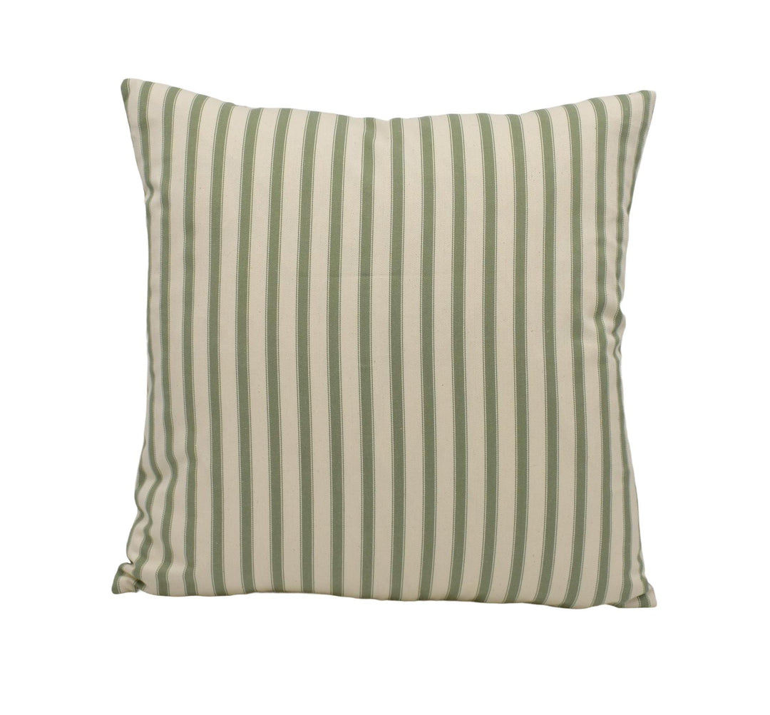 a green and white striped pillow on a white background