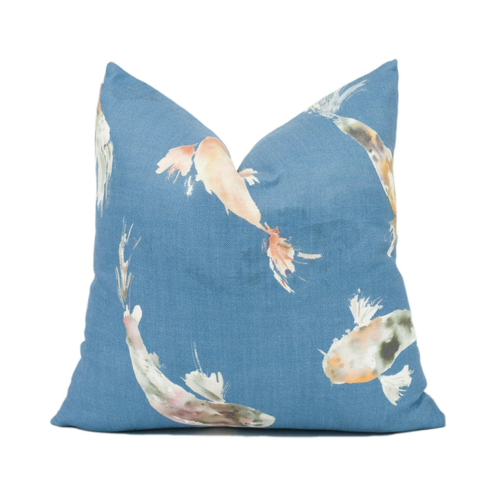 Voyage - Koi Carp - Cobalt - Painterly Watercolour Japanese Fish Pond Cushion Cover - Handmade Throw Pillow - Designer Home Décor.