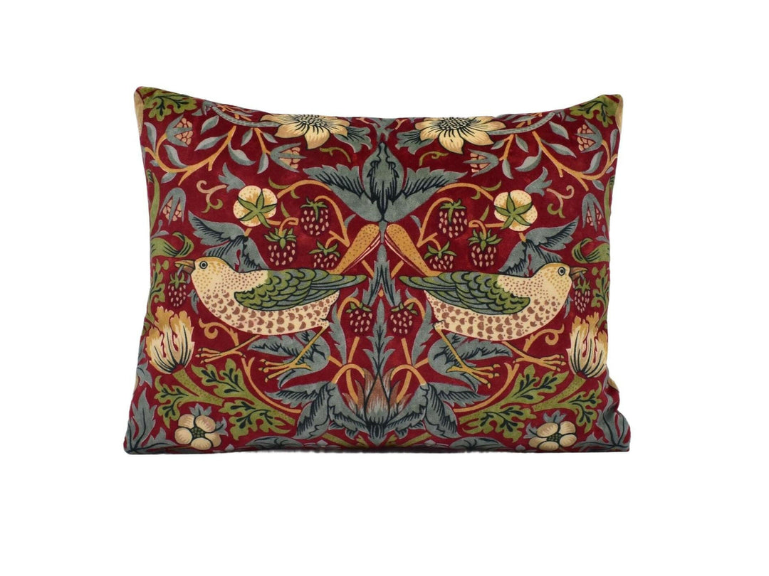 William Morris - Strawberry Thief Velvet - Crimson / Slate - Iconic Classic Luxurious Velvet Designer Cushion Cover - Handmade Home Decor.