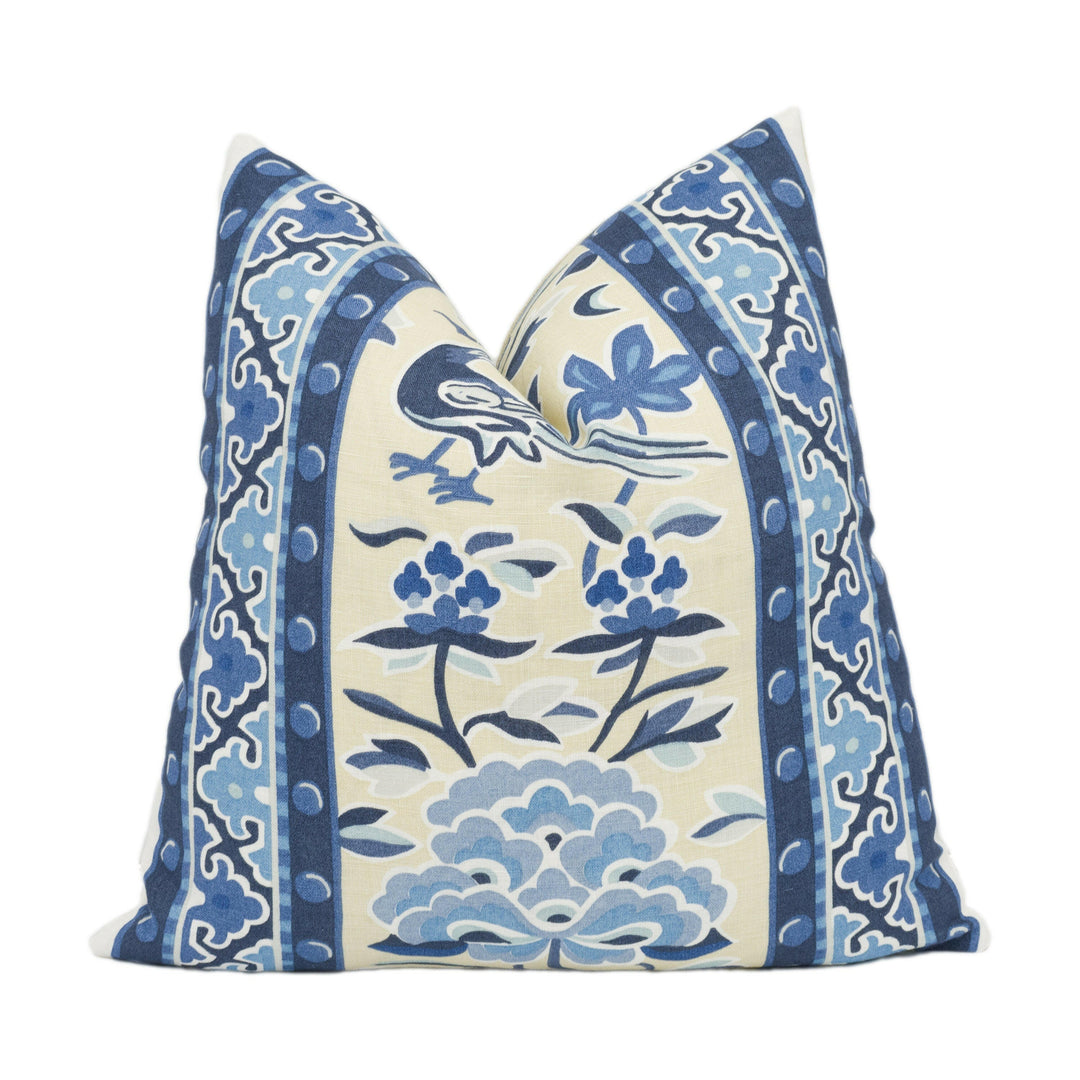 Scalamandre - Royal Peony - Porcelain - Luxurious Handprinted Chinoiserie Designer Cushion Cover - Handmade Throw Pillow Luxury Home Decor.