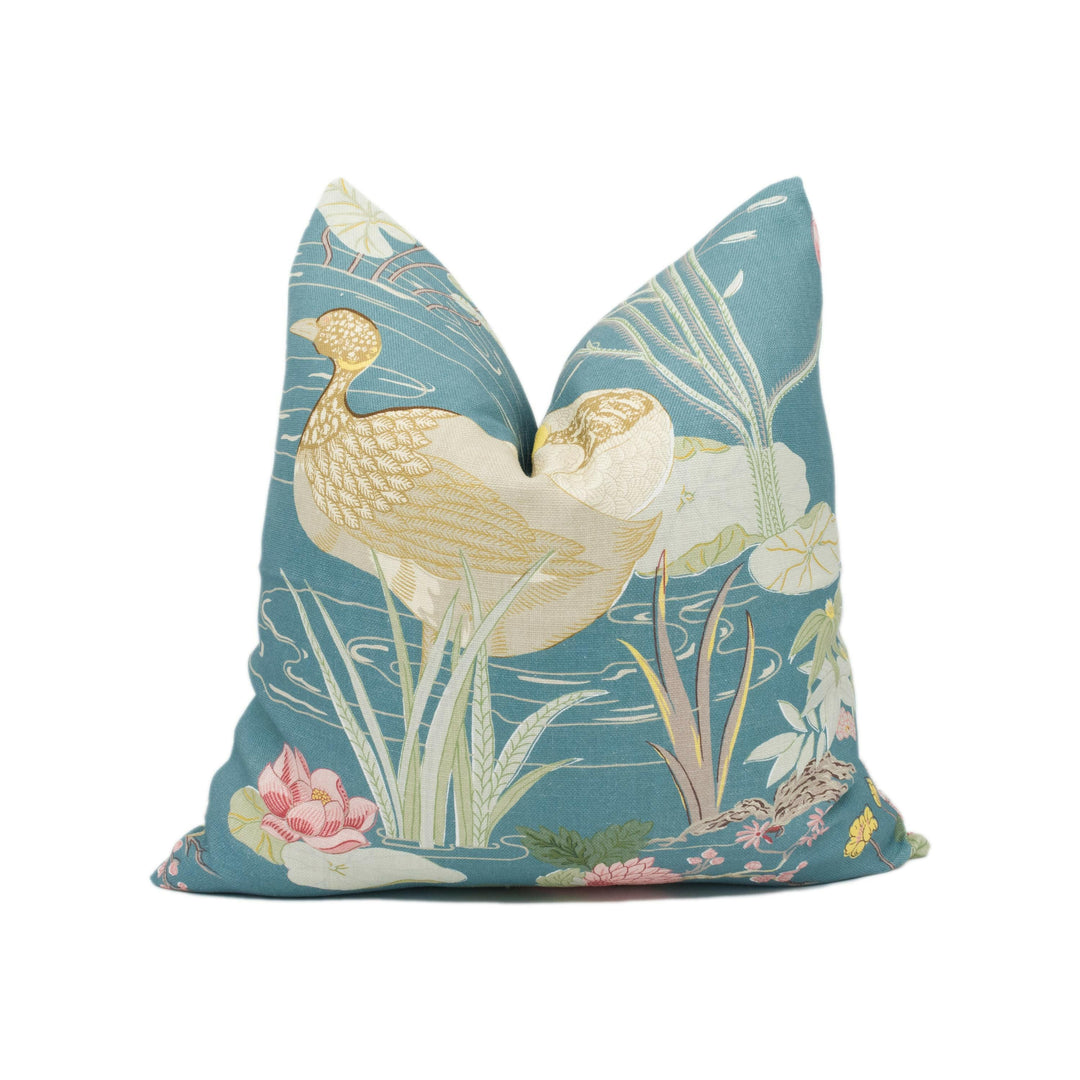 Lee Jofa - Luzon Print - Lagoon - Asian Inspired Water Birds Floral Cushion Cover - Handmade Throw Pillow - Designer Home Décor.