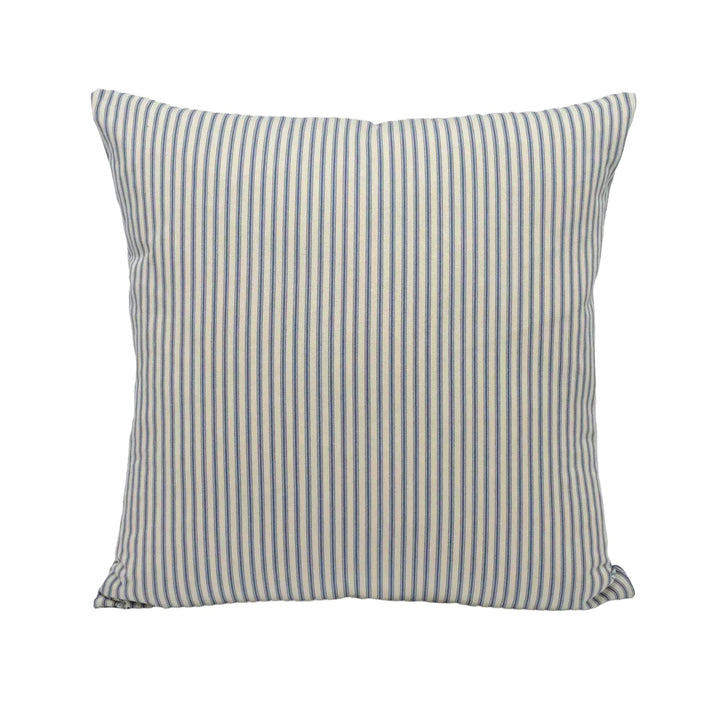 A square throw pillow with a striped pattern in shades of blue and white.