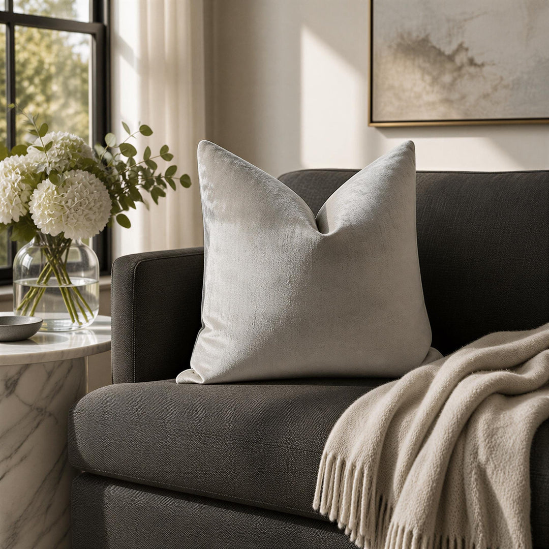 a cozy living room with a gray sofa adorned with a white throw pillow and a beige blanket draped over it. A vase filled with white flowers is placed on a marble side table next to the sofa. The room is illuminated by natural light coming through a window, creating a warm and inviting atmosphere.