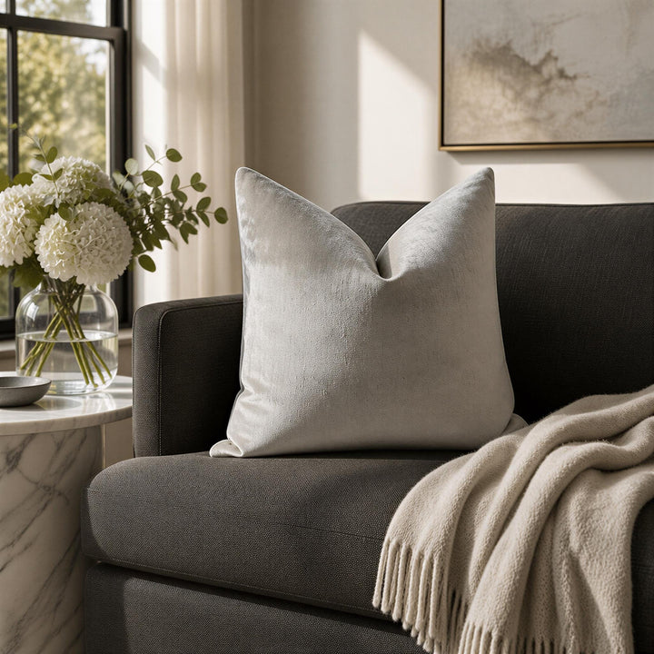 a cozy living room with a gray sofa adorned with a white throw pillow and a beige blanket draped over it. A vase filled with white flowers is placed on a marble side table next to the sofa. The room is illuminated by natural light coming through a window, creating a warm and inviting atmosphere.