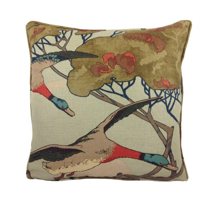 Mulberry - Flying Ducks - Sky Linen - Majestic Mallard Duck Art Deco Designer Cushion Cover - Luxury Throw Pillow - Handmade Home Decor.