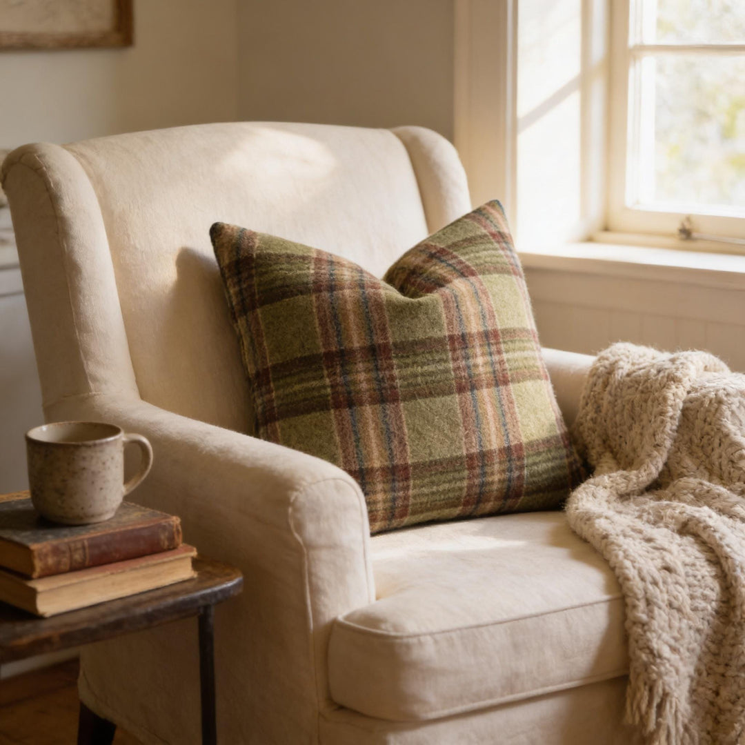 A cozy living room with a white armchair, a plaid throw pillow, and a stack of books on a small side table.