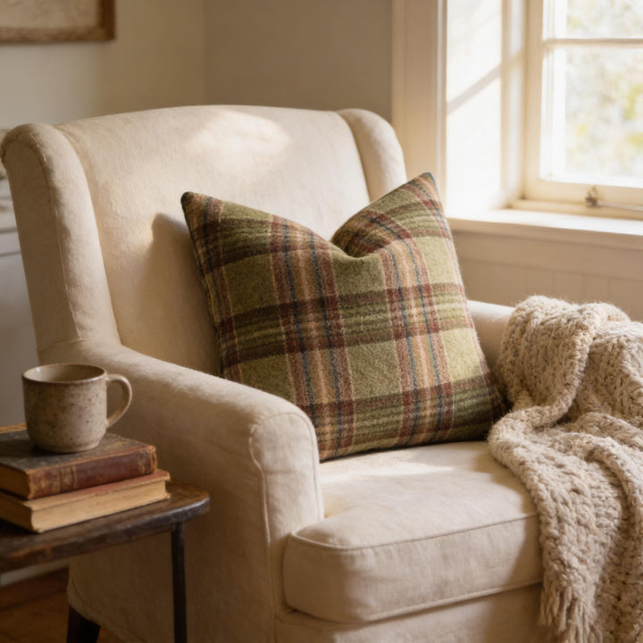 A cozy living room with a white armchair, a plaid throw pillow, and a stack of books on a small side table.