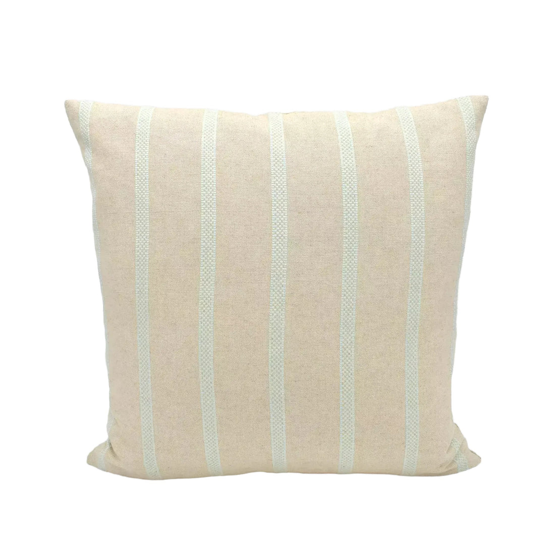 A beige pillow with vertical stripes is displayed against a white background.