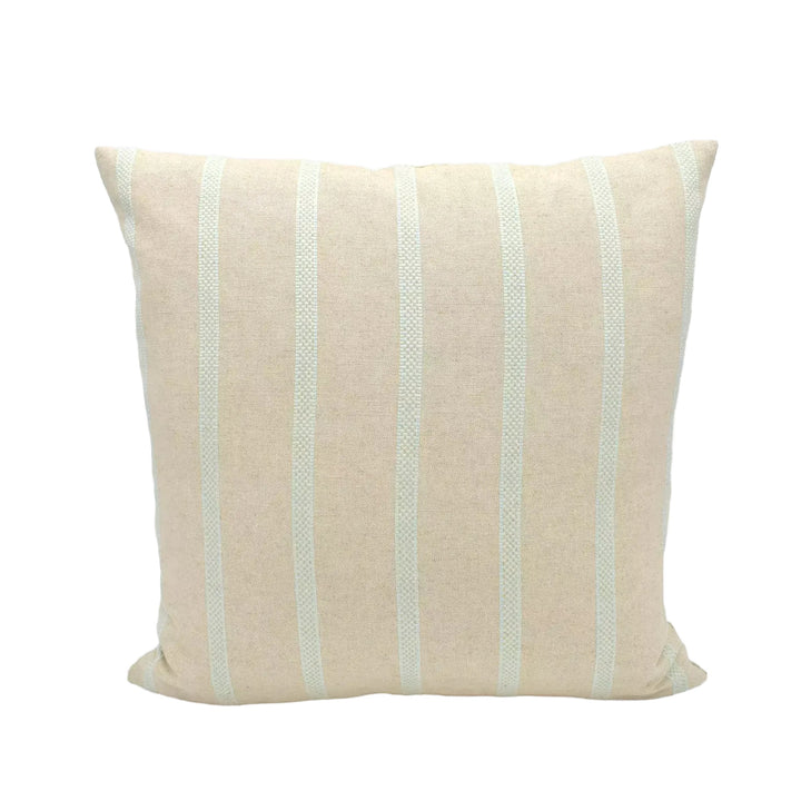 A beige pillow with vertical stripes is displayed against a white background.