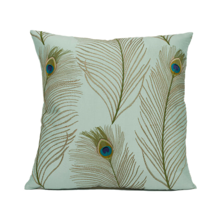 Voyage - Bolshoi - Duck Egg - Elegant Arabesque Embroidered Peacock Feather Cushion Cover - Handmade Throw Pillow - Designer Home Décor.