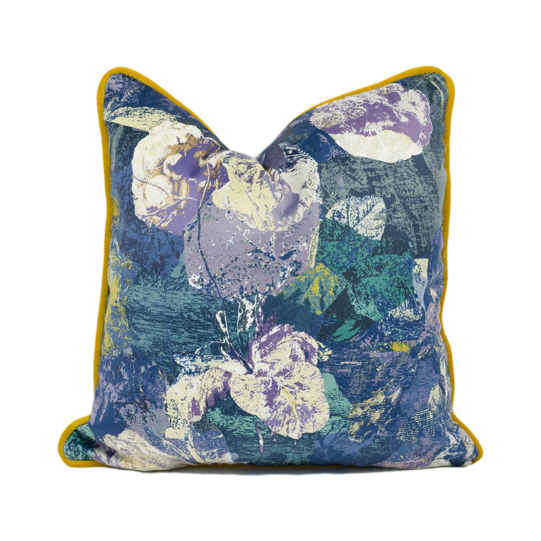 Panaz - Mustique - Peacock / Gold - Abstract Floral Velvet Contrast Piped Cushion Cover - Handmade Throw Pillow - Designer Home Décor.